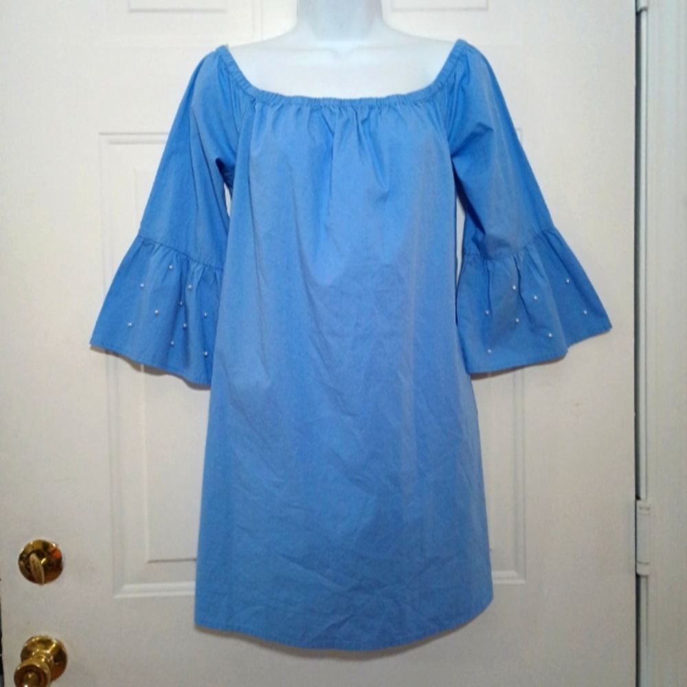 No Comment Blue Off Shoulder Ruffle Sleeve Dress. Size M